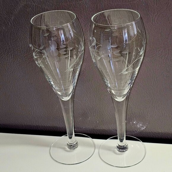 2 Princess House Heritage Champagne Flute 7.7" handblown crystal fluted Etched - Picture 3 of 7